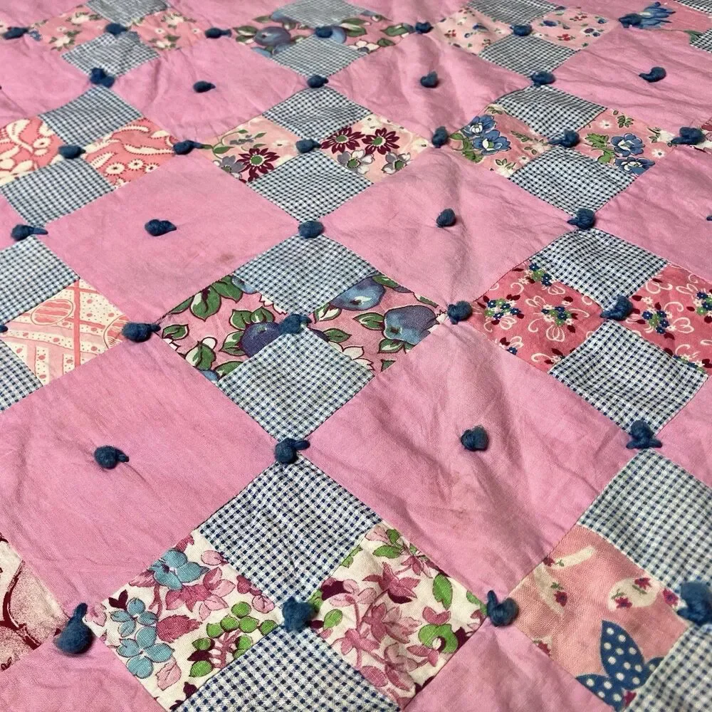 Vtg Handmade Baby Crib Quilt Blanket 48x48" Scrap Pink 4-Square Cotton Patchwork - Picture 5 of 9